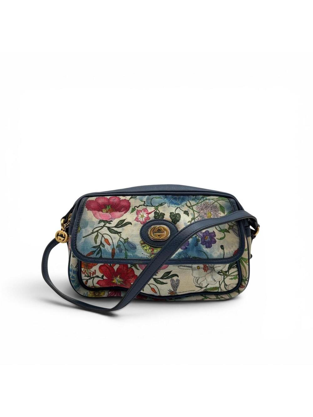 Gucci Flora Camera Crossbody Bag in Blue Leather & Botanical Canvas